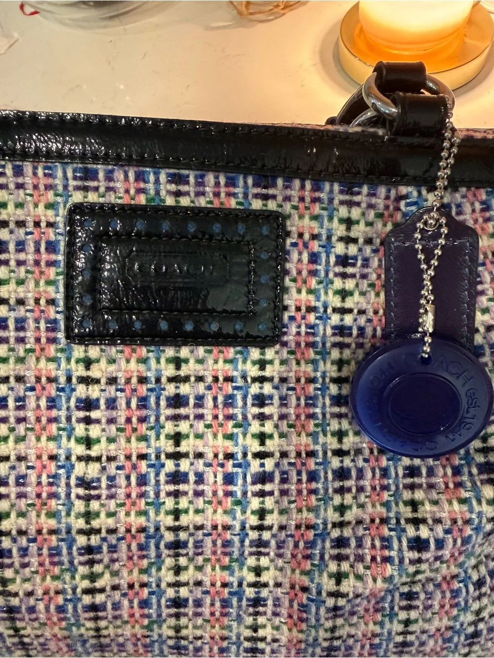 Coach Multicolor Tweed Shoulder Bag with Black Patent Trim